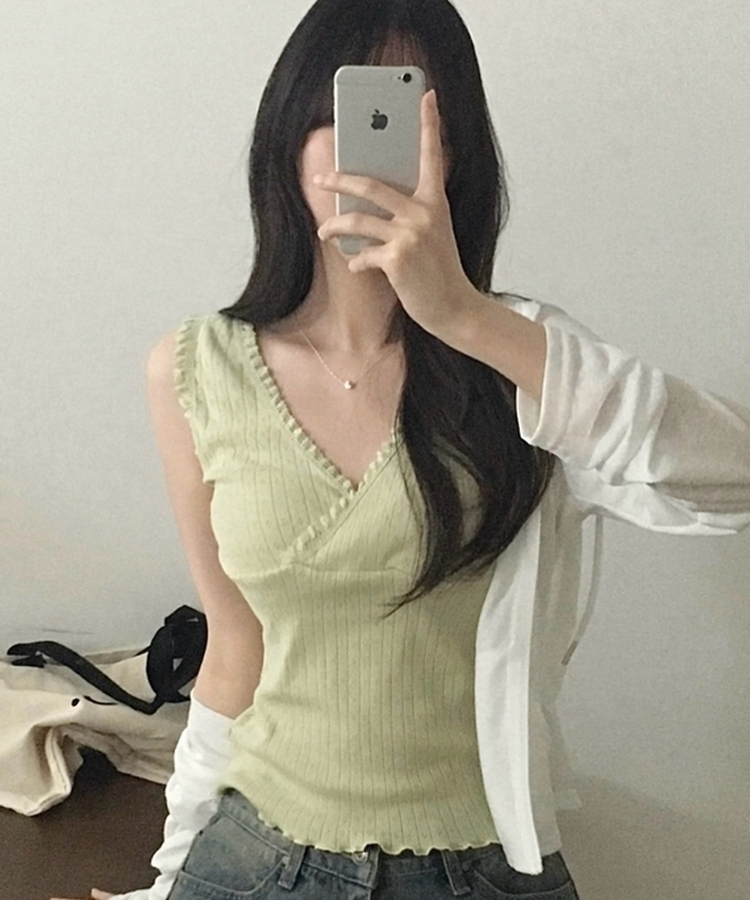 그린티 레이스 펀칭 랩 브이넥 나시 슬리브리스 3color 민트