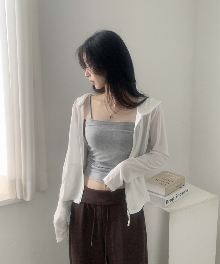 베스 슬러브 시스루 여리핏 투웨이 후드집업점퍼 5color 화이트