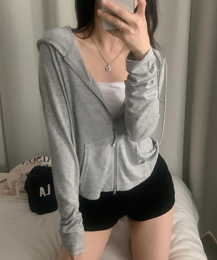 베스 슬러브 시스루 여리핏 투웨이 후드집업점퍼 5color 그레이