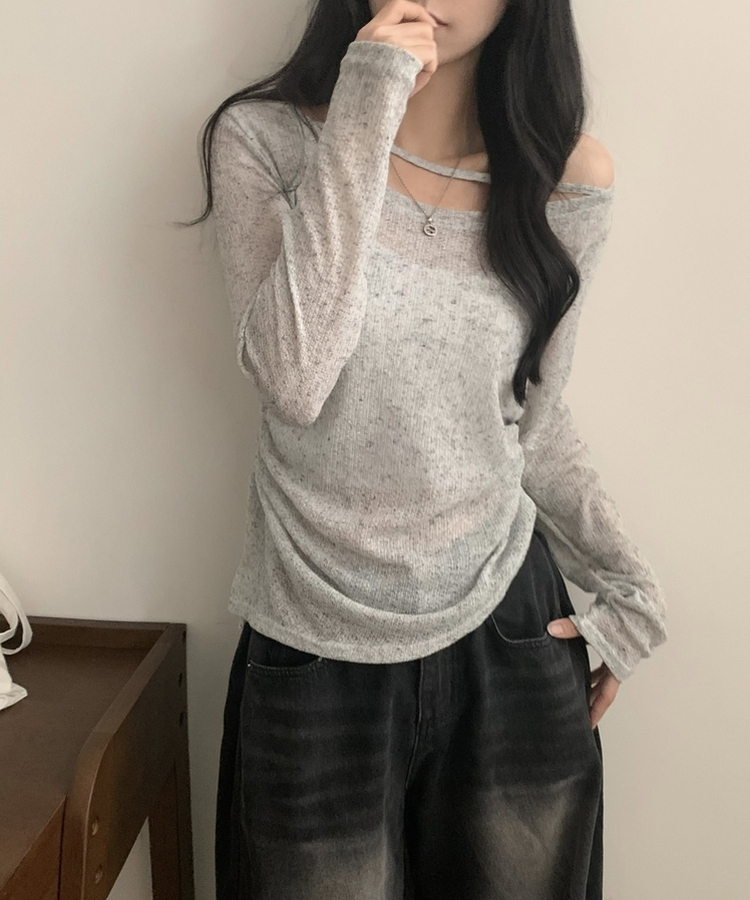 니젤 린넨 오프 셔링 리본 시스루 니트긴팔티셔츠 5color 그레이