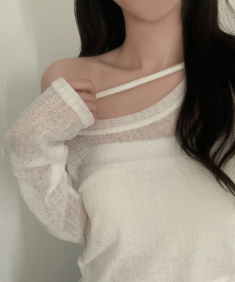 니젤 린넨 오프 셔링 리본 시스루 니트긴팔티셔츠 5color 화이트