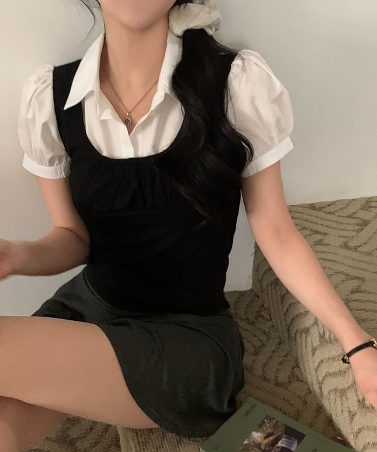 래빗 뷔스티에 퍼프 소매 레이어드 반팔 블라우스셔츠 2color 블랙
