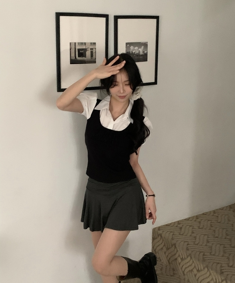 래빗 뷔스티에 퍼프 소매 레이어드 반팔 블라우스셔츠 2color 블랙