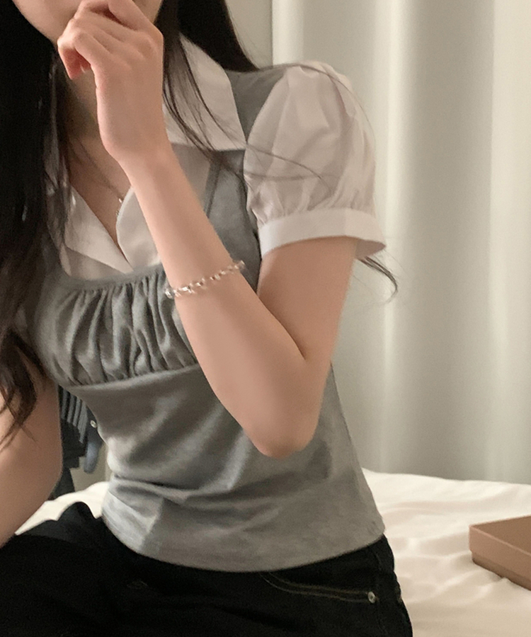 래빗 뷔스티에 퍼프 소매 레이어드 반팔 블라우스셔츠 2color 그레이
