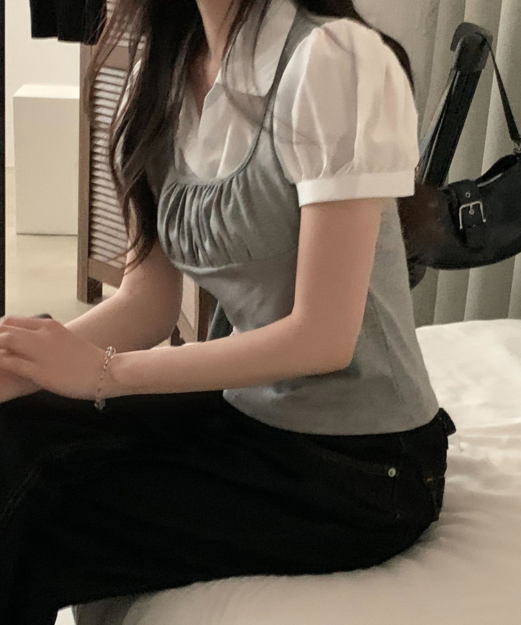 래빗 뷔스티에 퍼프 소매 레이어드 반팔 블라우스셔츠 2color 그레이