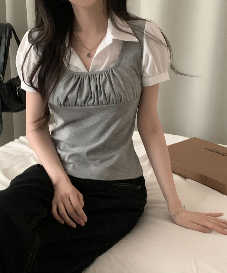 래빗 뷔스티에 퍼프 소매 레이어드 반팔 블라우스셔츠 2color 그레이