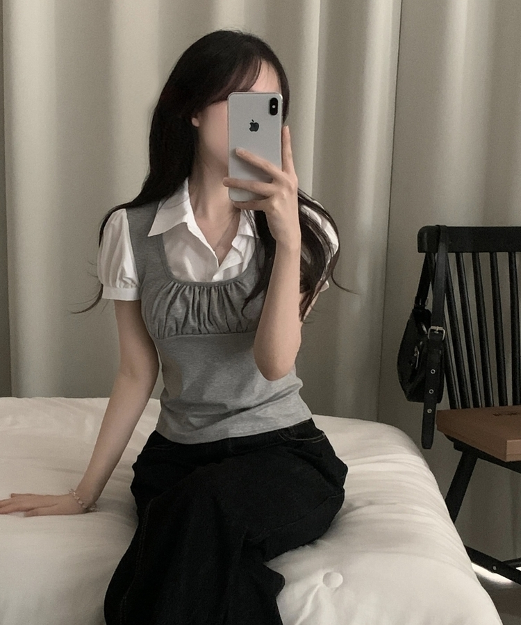 래빗 뷔스티에 퍼프 소매 레이어드 반팔 블라우스셔츠 2color 그레이
