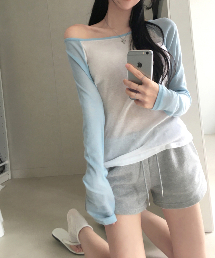 뉴핀 시스루 배색 나그랑 긴팔 티셔츠 롱슬리브 오프숄더 원숄더 여리핏 슬림핏 말라핏 데일리 꾸안꾸 햇빛차단 여름신상여름상의 소라