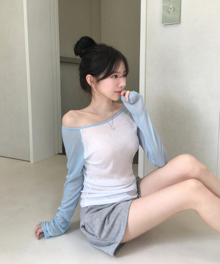 뉴핀 시스루 배색 나그랑 긴팔 티셔츠 롱슬리브 오프숄더 원숄더 여리핏 슬림핏 말라핏 데일리 꾸안꾸 햇빛차단 여름신상여름상의 소라