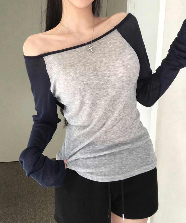 뉴핀 시스루 배색 나그랑 긴팔 티셔츠 롱슬리브 오프숄더 원숄더 여리핏 슬림핏 말라핏 데일리 꾸안꾸 햇빛차단 여름신상여름상의 차콜