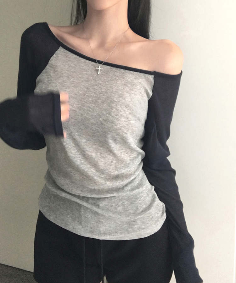 뉴핀 시스루 배색 나그랑 긴팔 티셔츠 롱슬리브 오프숄더 원숄더 여리핏 슬림핏 말라핏 데일리 꾸안꾸 햇빛차단 여름신상여름상의 차콜