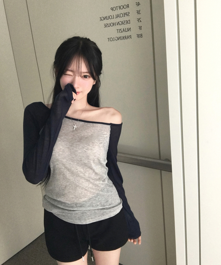 뉴핀 시스루 배색 나그랑 긴팔 티셔츠 롱슬리브 오프숄더 원숄더 여리핏 슬림핏 말라핏 데일리 꾸안꾸 햇빛차단 여름신상여름상의 차콜
