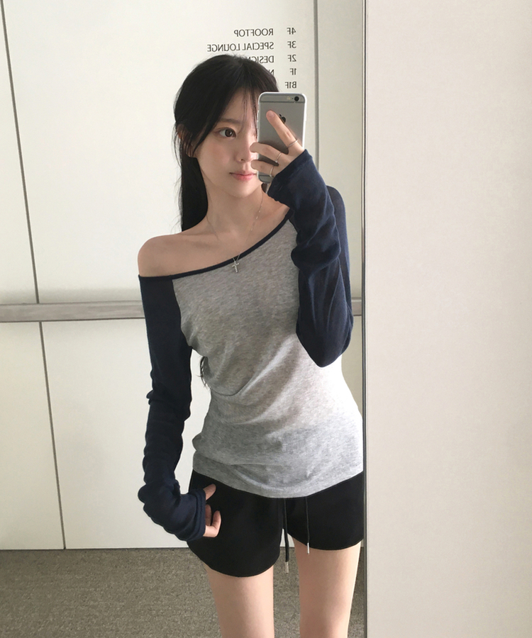 뉴핀 시스루 배색 나그랑 긴팔 티셔츠 롱슬리브 오프숄더 원숄더 여리핏 슬림핏 말라핏 데일리 꾸안꾸 햇빛차단 여름신상여름상의 차콜