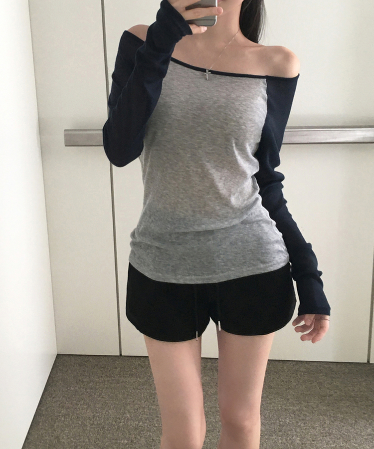 뉴핀 시스루 배색 나그랑 긴팔 티셔츠 롱슬리브 오프숄더 원숄더 여리핏 슬림핏 말라핏 데일리 꾸안꾸 햇빛차단 여름신상여름상의 차콜