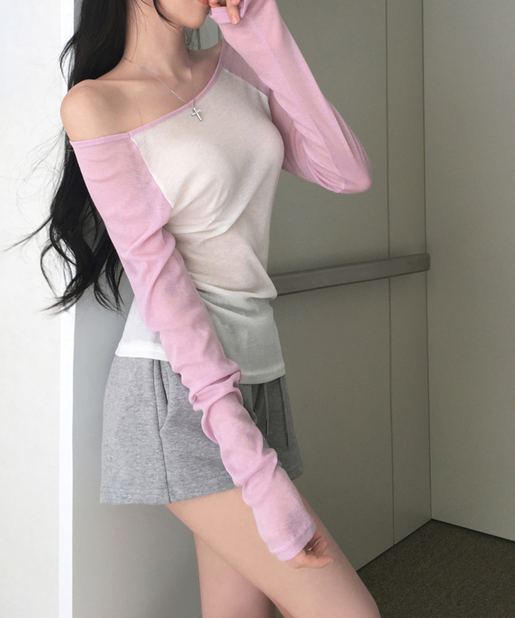 뉴핀 시스루 배색 나그랑 긴팔 티셔츠 롱슬리브 오프숄더 원숄더 여리핏 슬림핏 말라핏 데일리 꾸안꾸 햇빛차단 여름신상여름상의 핑크