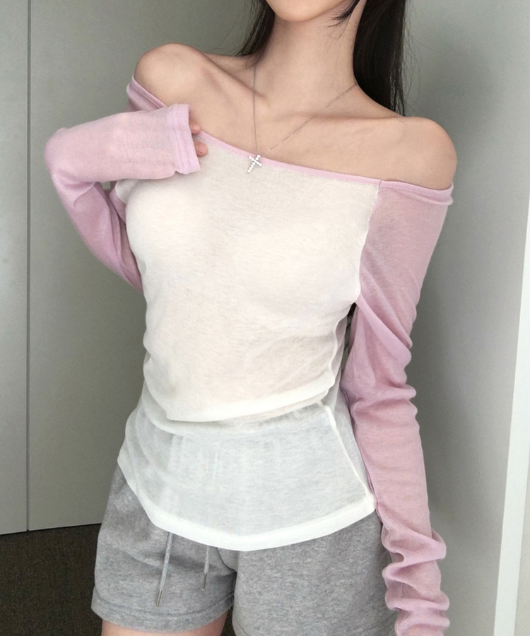 뉴핀 시스루 배색 나그랑 긴팔 티셔츠 롱슬리브 오프숄더 원숄더 여리핏 슬림핏 말라핏 데일리 꾸안꾸 햇빛차단 여름신상여름상의 핑크