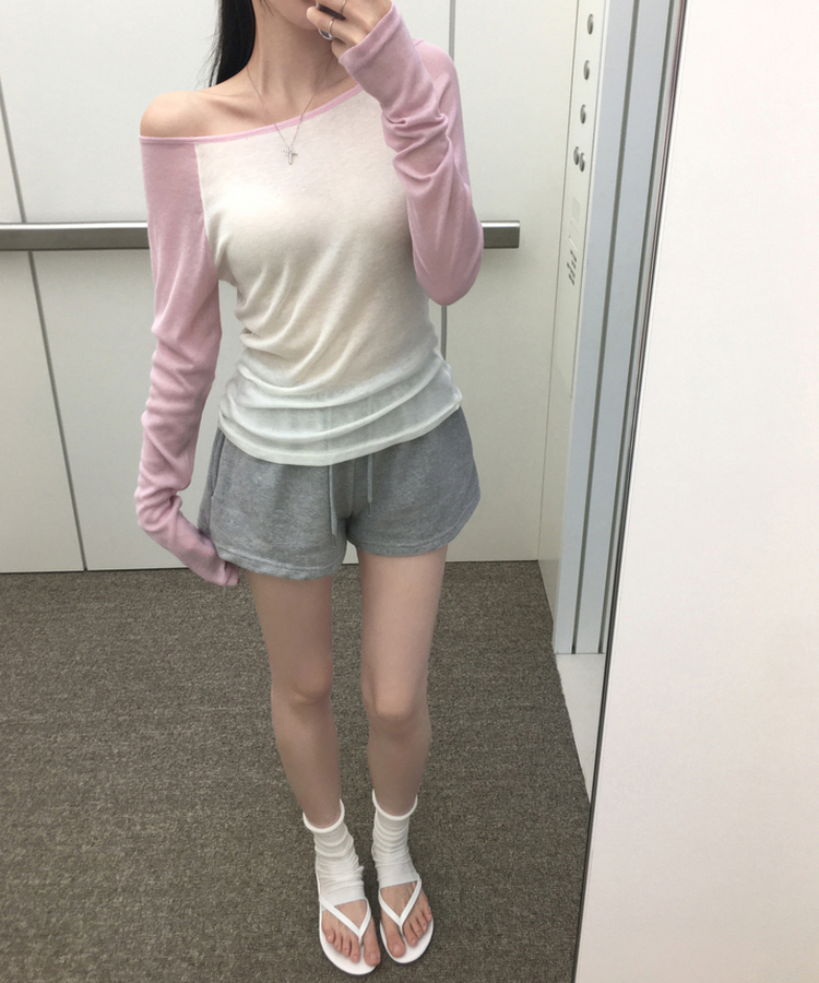 뉴핀 시스루 배색 나그랑 긴팔 티셔츠 롱슬리브 오프숄더 원숄더 여리핏 슬림핏 말라핏 데일리 꾸안꾸 햇빛차단 여름신상여름상의 핑크
