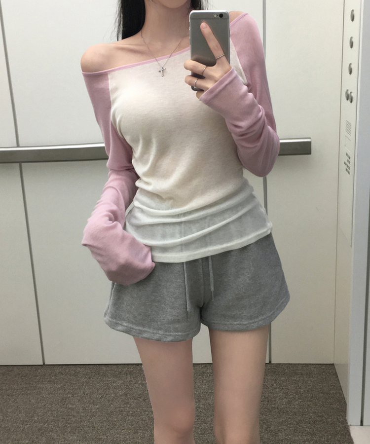 뉴핀 시스루 배색 나그랑 긴팔 티셔츠 롱슬리브 오프숄더 원숄더 여리핏 슬림핏 말라핏 데일리 꾸안꾸 햇빛차단 여름신상여름상의 핑크
