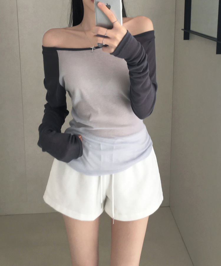 뉴핀 시스루 배색 나그랑 긴팔 티셔츠 롱슬리브 오프숄더 원숄더 여리핏 슬림핏 말라핏 데일리 꾸안꾸 햇빛차단 여름신상여름상의 네이비