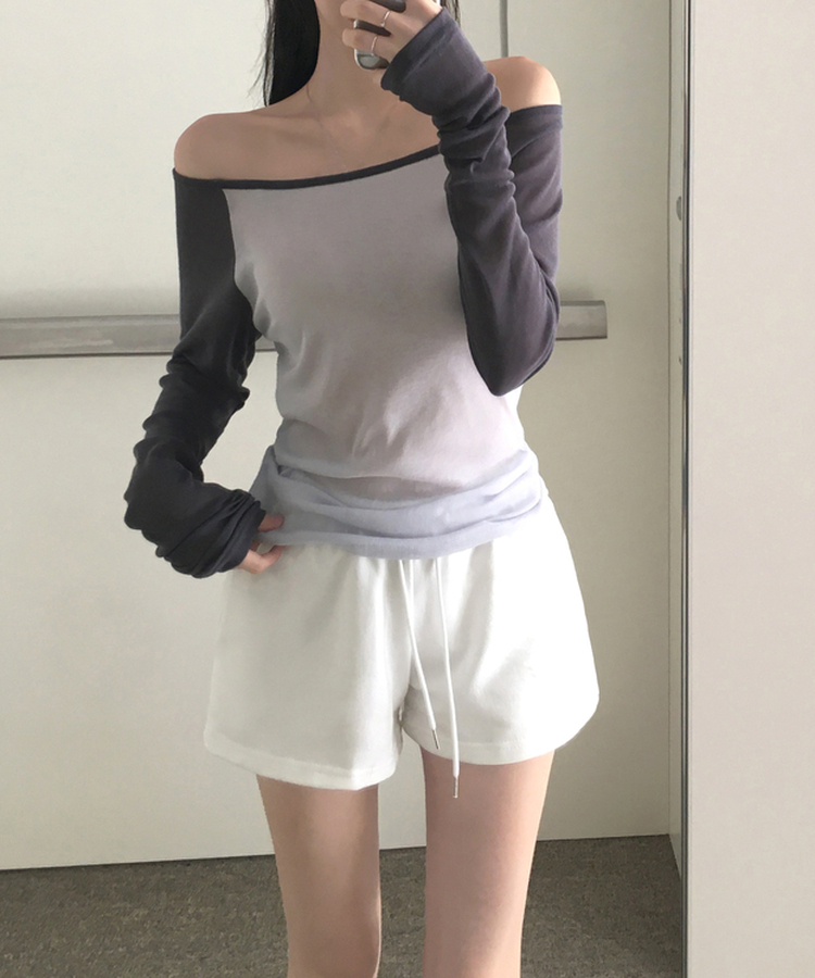 뉴핀 시스루 배색 나그랑 긴팔 티셔츠 롱슬리브 오프숄더 원숄더 여리핏 슬림핏 말라핏 데일리 꾸안꾸 햇빛차단 여름신상여름상의 네이비