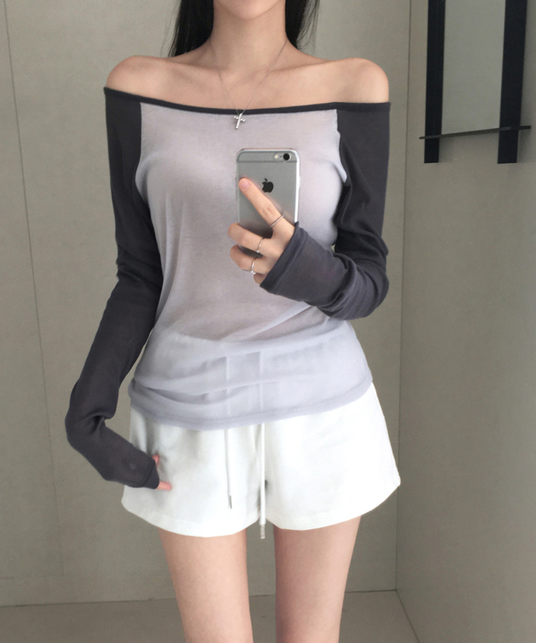 뉴핀 시스루 배색 나그랑 긴팔 티셔츠 롱슬리브 오프숄더 원숄더 여리핏 슬림핏 말라핏 데일리 꾸안꾸 햇빛차단 여름신상여름상의 네이비
