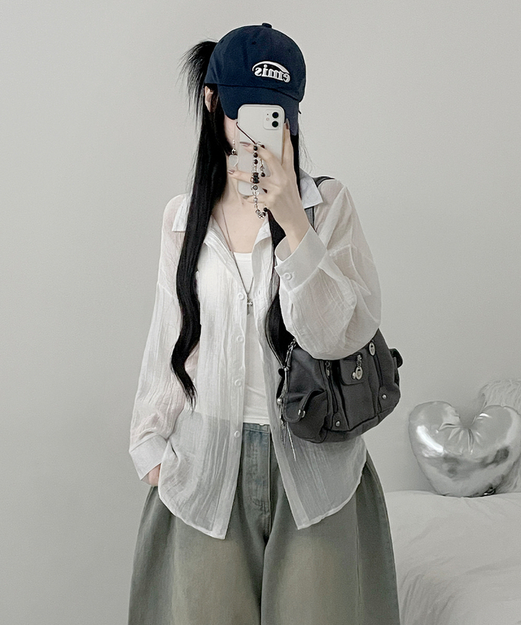 쿨아이스시스루포켓루즈핏긴팔셔츠남방 화이트