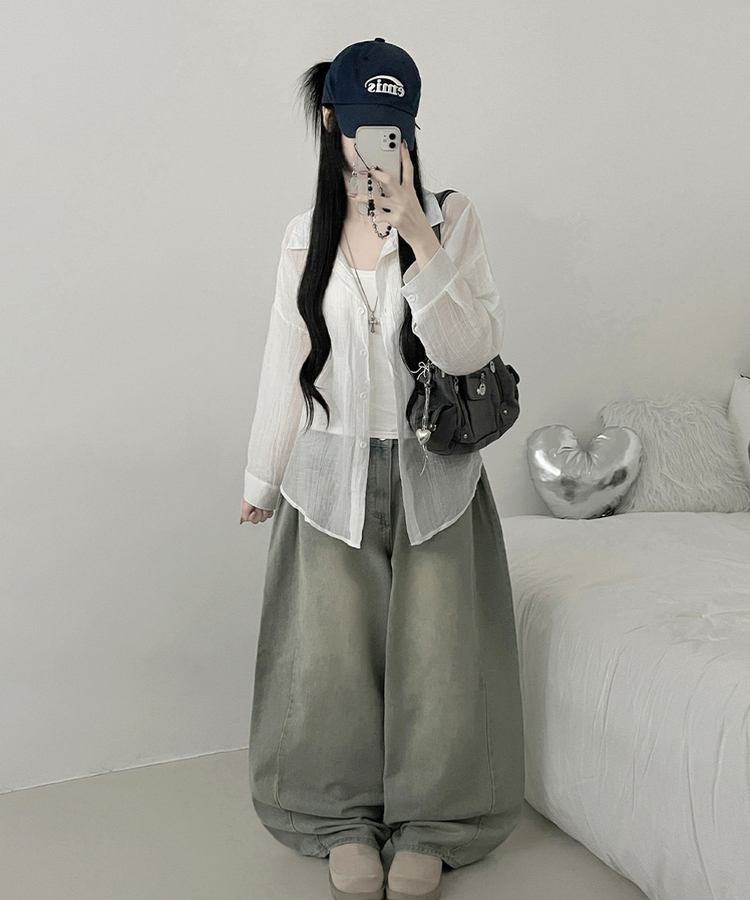 쿨아이스시스루포켓루즈핏긴팔셔츠남방 화이트