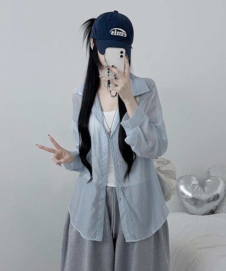 쿨아이스시스루포켓루즈핏긴팔셔츠남방 소라