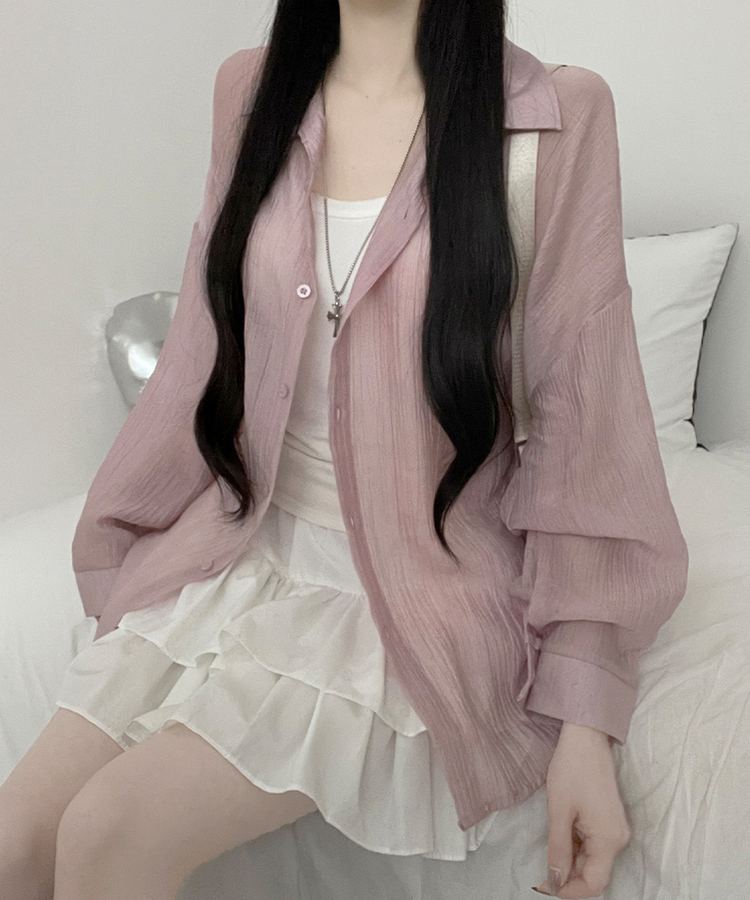 쿨아이스시스루포켓루즈핏긴팔셔츠남방 핑크