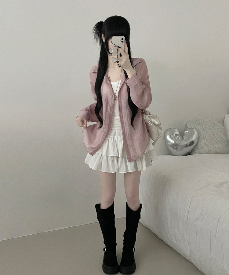 쿨아이스시스루포켓루즈핏긴팔셔츠남방 핑크