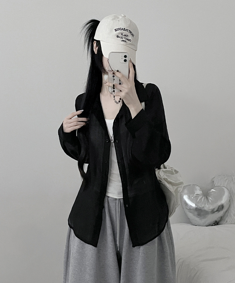 쿨아이스시스루포켓루즈핏긴팔셔츠남방 블랙