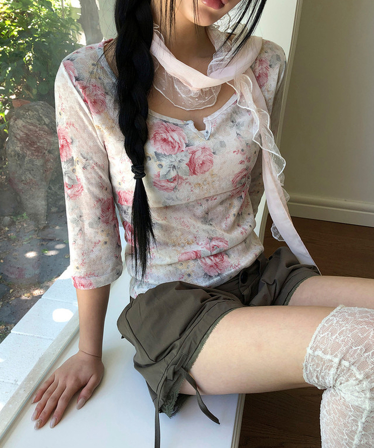 フラワー7分丈Tシャツ CREAM
