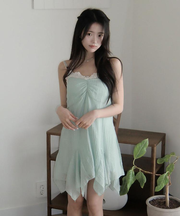 헤즌 레이스 스트랩 셔링 언발 미니 나시 원피스 민트