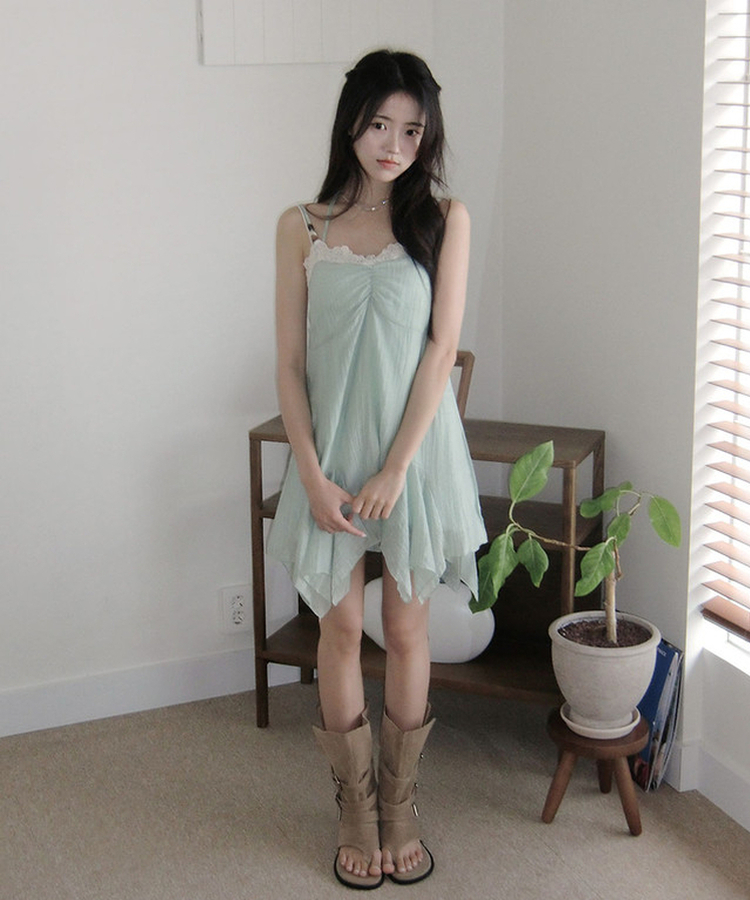 헤즌 레이스 스트랩 셔링 언발 미니 나시 원피스 민트