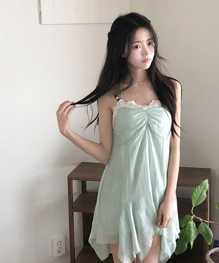 헤즌 레이스 스트랩 셔링 언발 미니 나시 원피스 민트