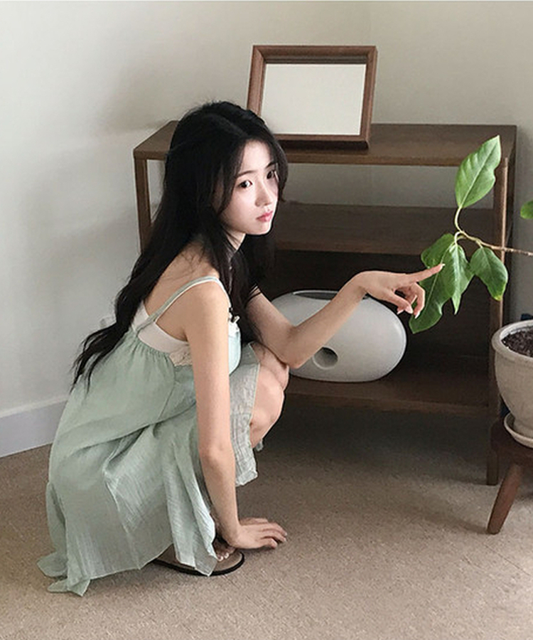 헤즌 레이스 스트랩 셔링 언발 미니 나시 원피스 민트