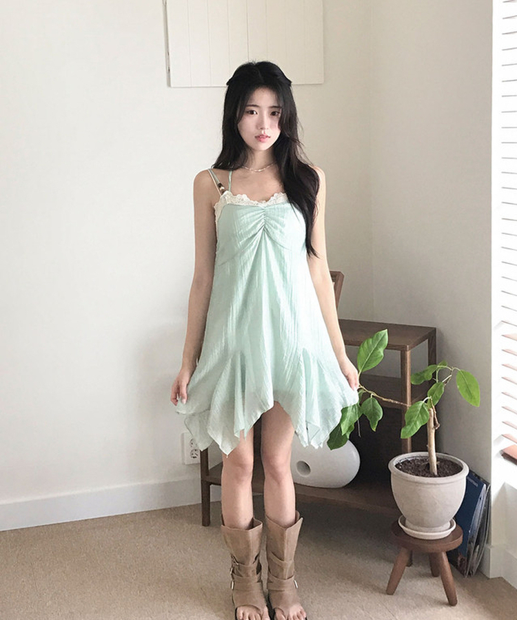 헤즌 레이스 스트랩 셔링 언발 미니 나시 원피스 민트