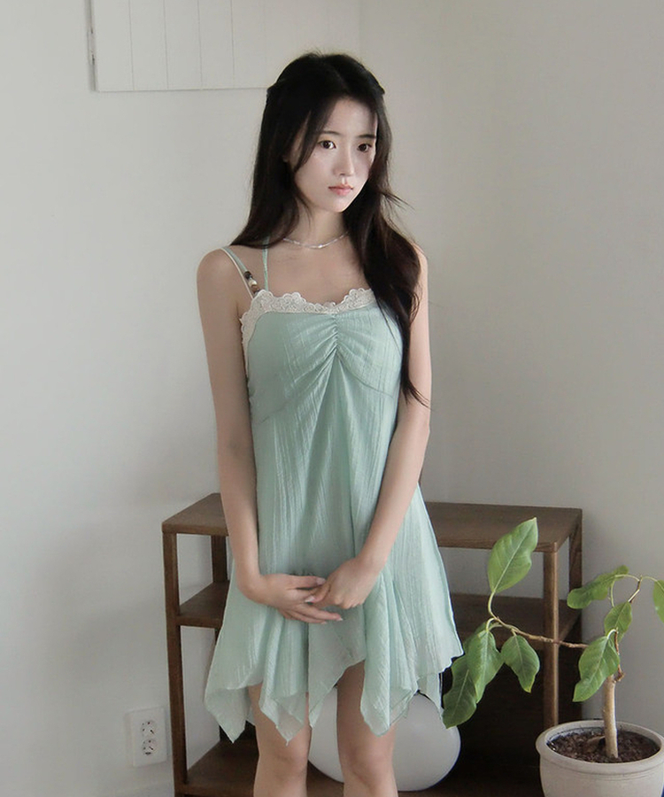 헤즌 레이스 스트랩 셔링 언발 미니 나시 원피스 민트