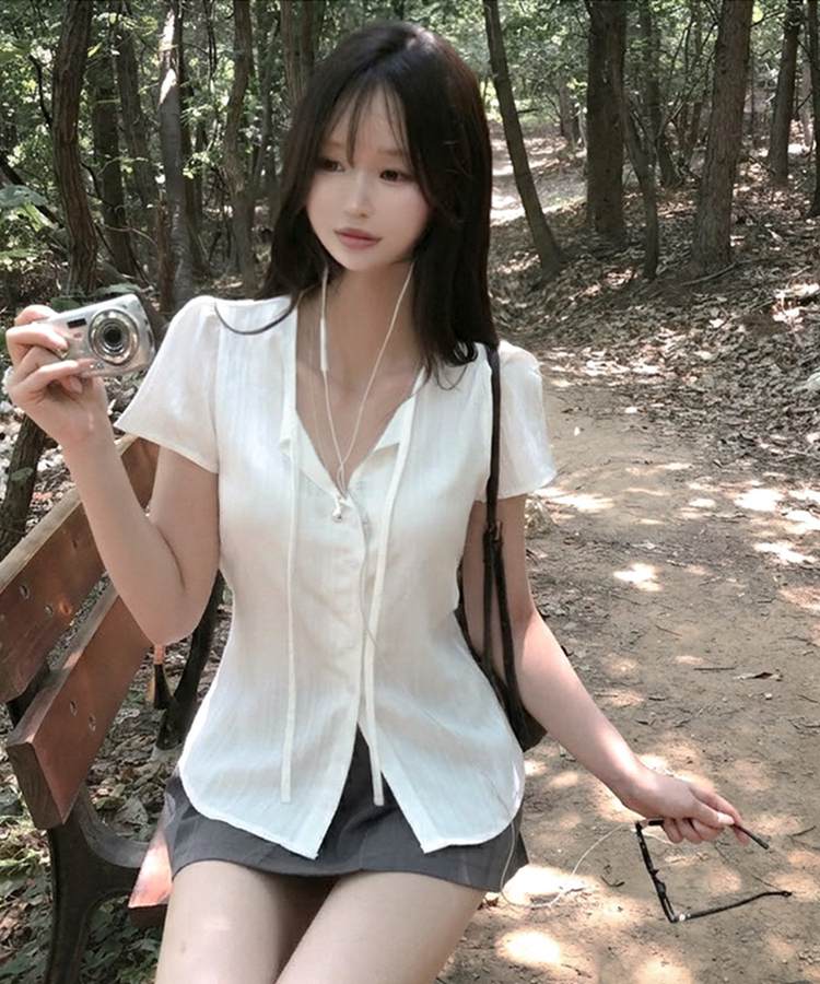 아슈 소프트 플리츠 링클 반팔 셔츠 블라우스 화이트