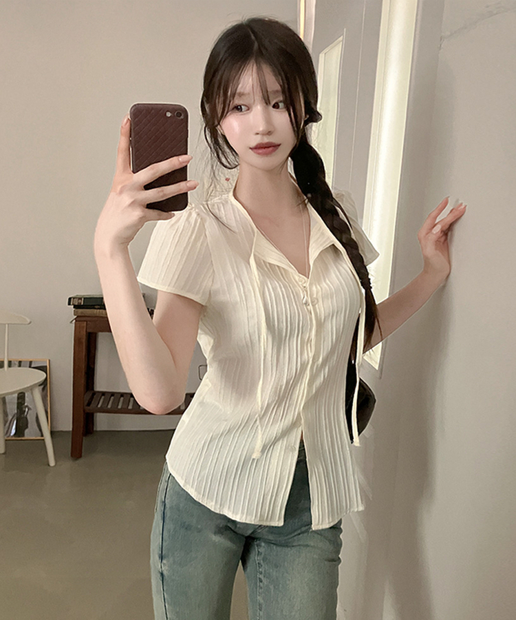아슈 소프트 플리츠 링클 반팔 셔츠 블라우스 크림