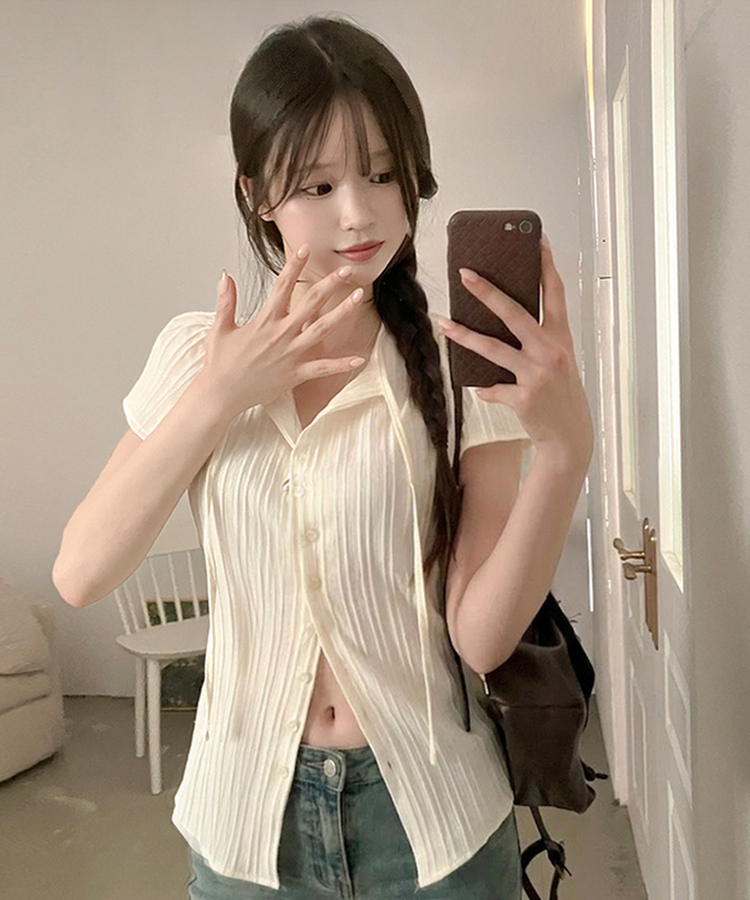 아슈 소프트 플리츠 링클 반팔 셔츠 블라우스 크림
