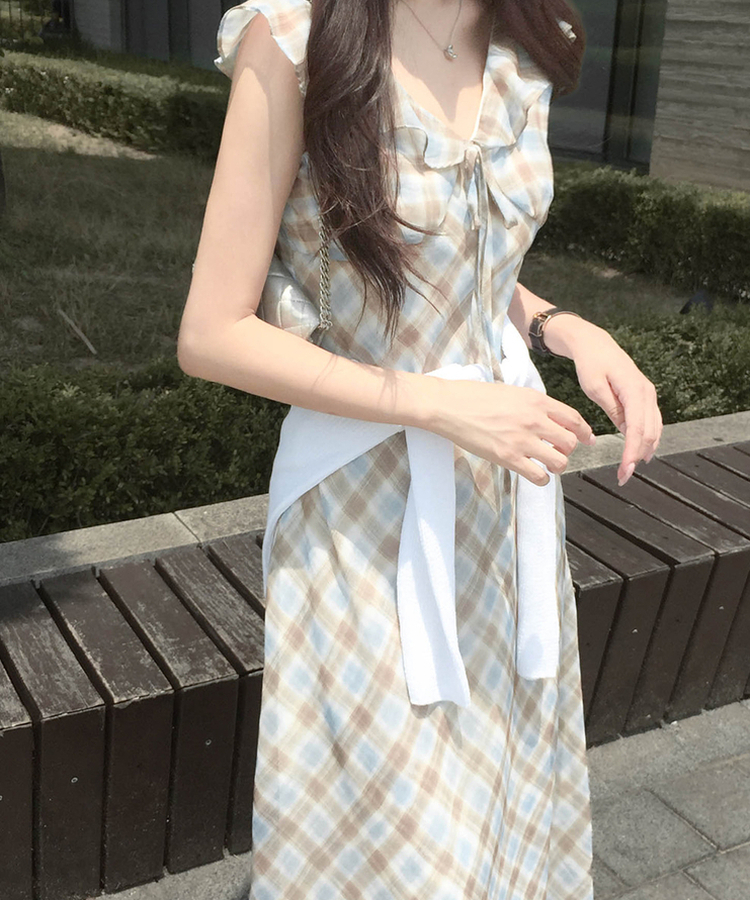 ささささ チェック柄 ノースリーブ ワンピース ロング丈 チェックノースリーブロングワンピース｜ロングワンピース｜韓国