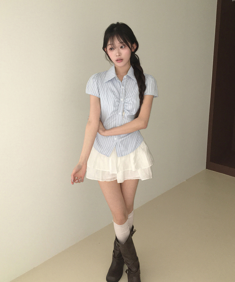 カラーネックシャーリングストライプシャツ SKY BLUE