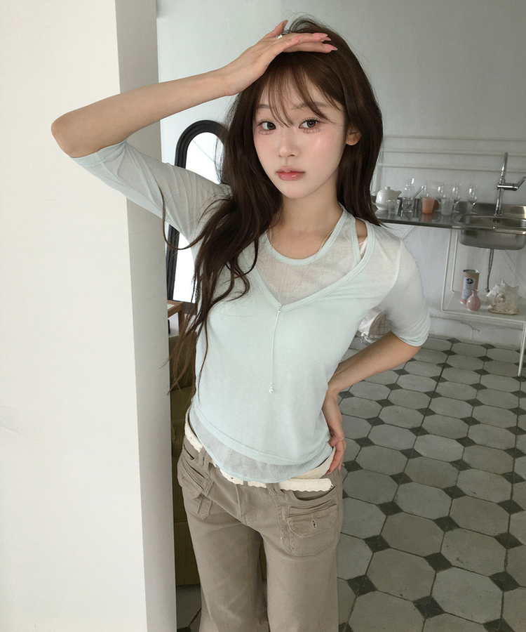 シンプルレイヤードシアートップス｜長袖Tシャツ｜韓国ファッション 
