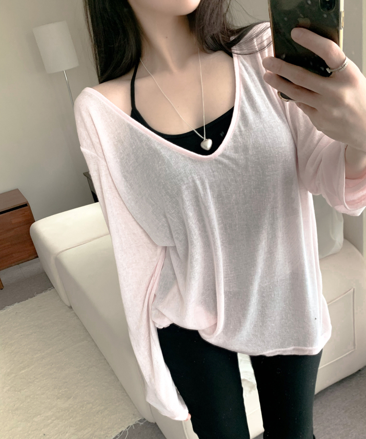힙덮는 밀로 살탐방지 딥브이 여리핏 루즈핏 슬럽 팔뚝삭제 긴팔티셔츠 5colors 핑크