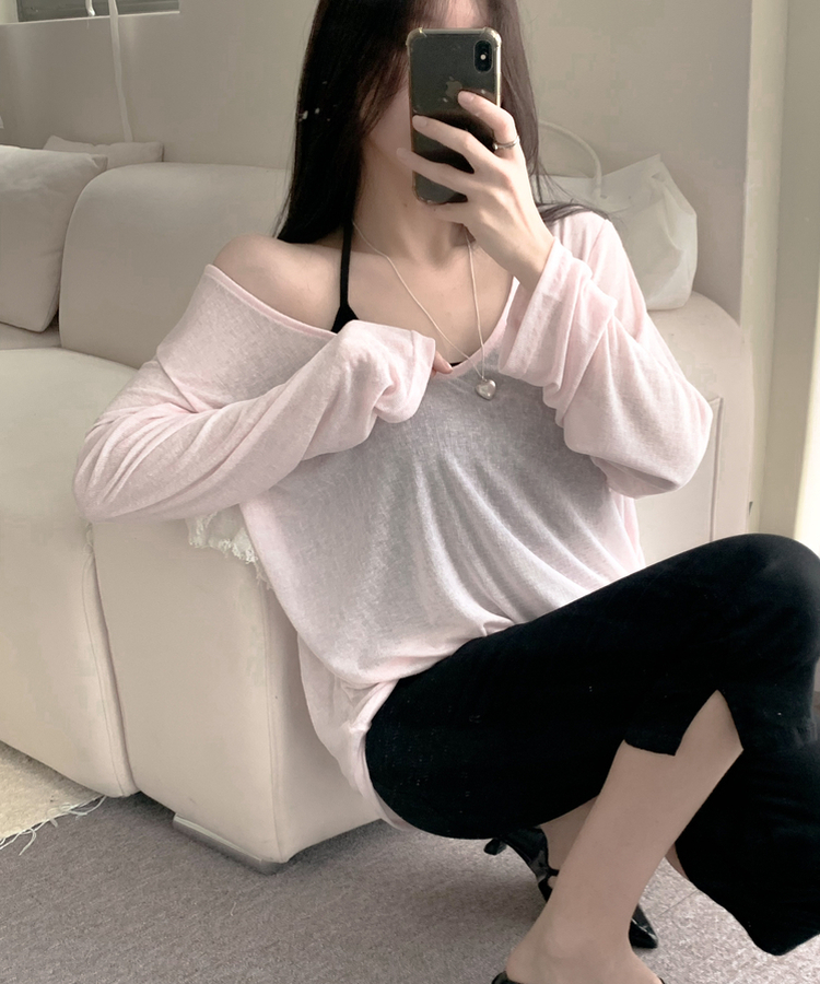 힙덮는 밀로 살탐방지 딥브이 여리핏 루즈핏 슬럽 팔뚝삭제 긴팔티셔츠 5colors 핑크