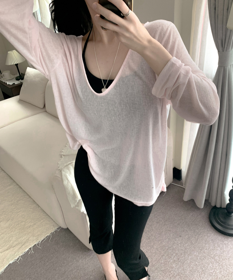 힙덮는 밀로 살탐방지 딥브이 여리핏 루즈핏 슬럽 팔뚝삭제 긴팔티셔츠 5colors 핑크