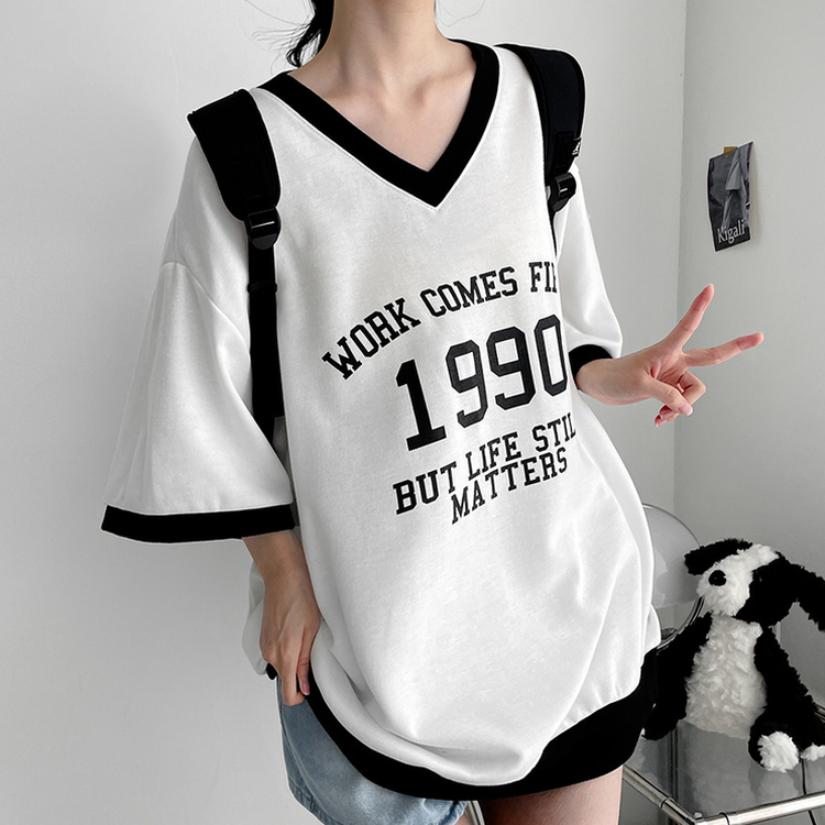 Vネックオーバーサイズ半袖スウェットTシャツ｜半袖Tシャツ｜韓国