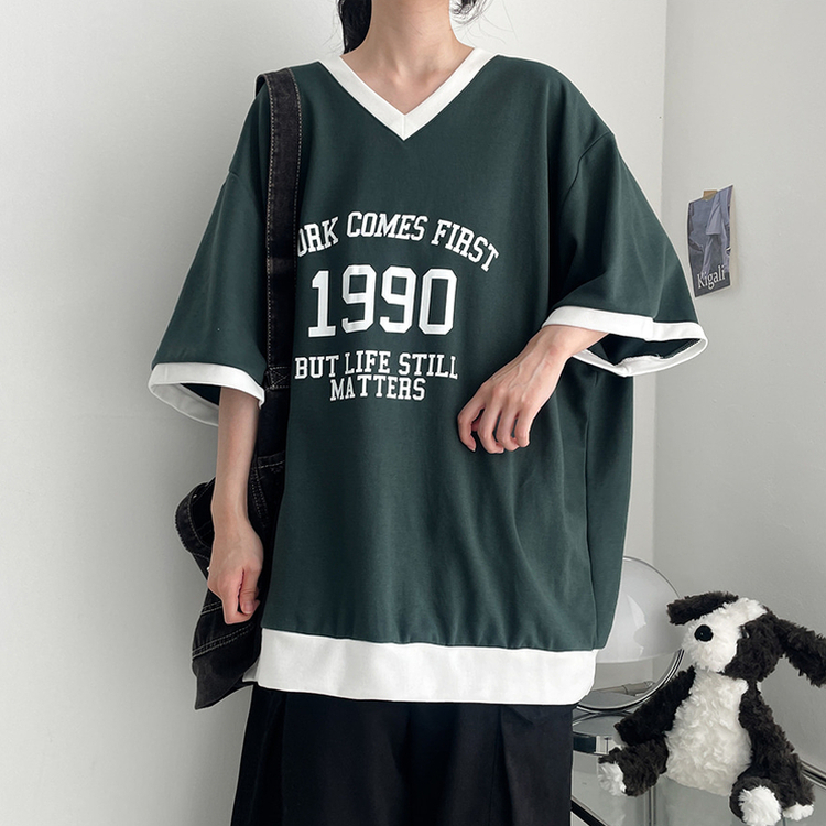 Vネックオーバーサイズ半袖スウェットTシャツ｜半袖Tシャツ｜韓国