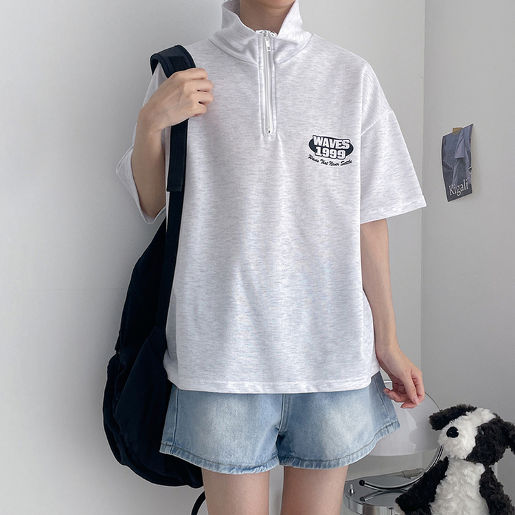 レタリングハーフジップアップ半袖Tシャツ｜半袖Tシャツ｜韓国